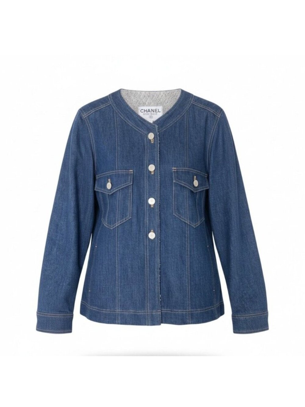 Chanel Collarless Denim Jacket Cotton Indigo